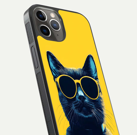 Cool Cat Vibes iPhone 13 Pro glass phone case angled back view highlighting cat artwork and textured side grip
