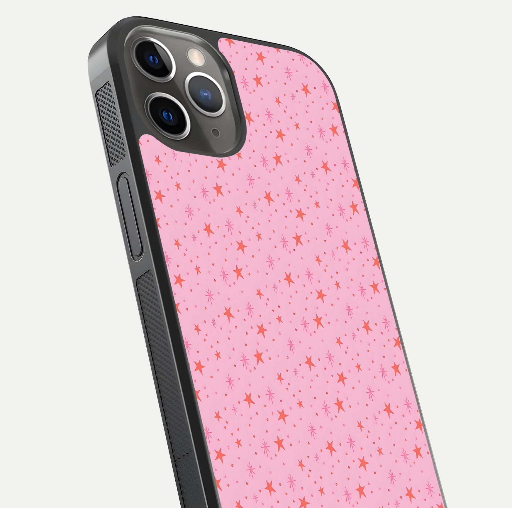 Cosmic Pink Sparkle iPhone 13 Pro glass phone case angled back view highlighting sparkling galaxy design and textured side grip