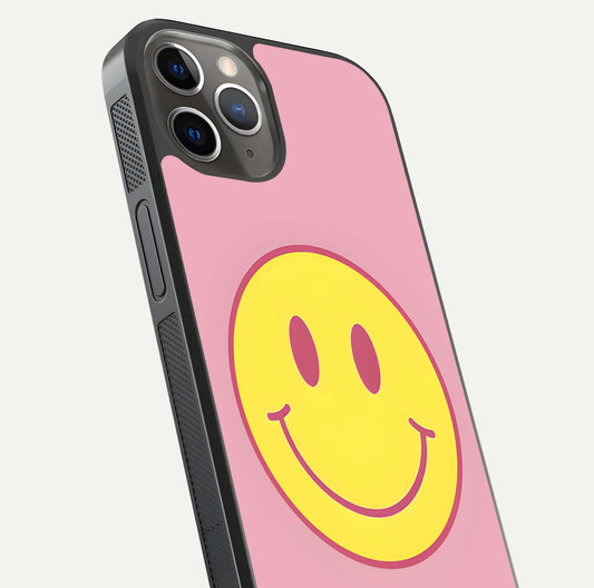 Happy Pink Mood iPhone 13 Pro glass phone case angled back view highlighting bright pink artwork and side grip texture