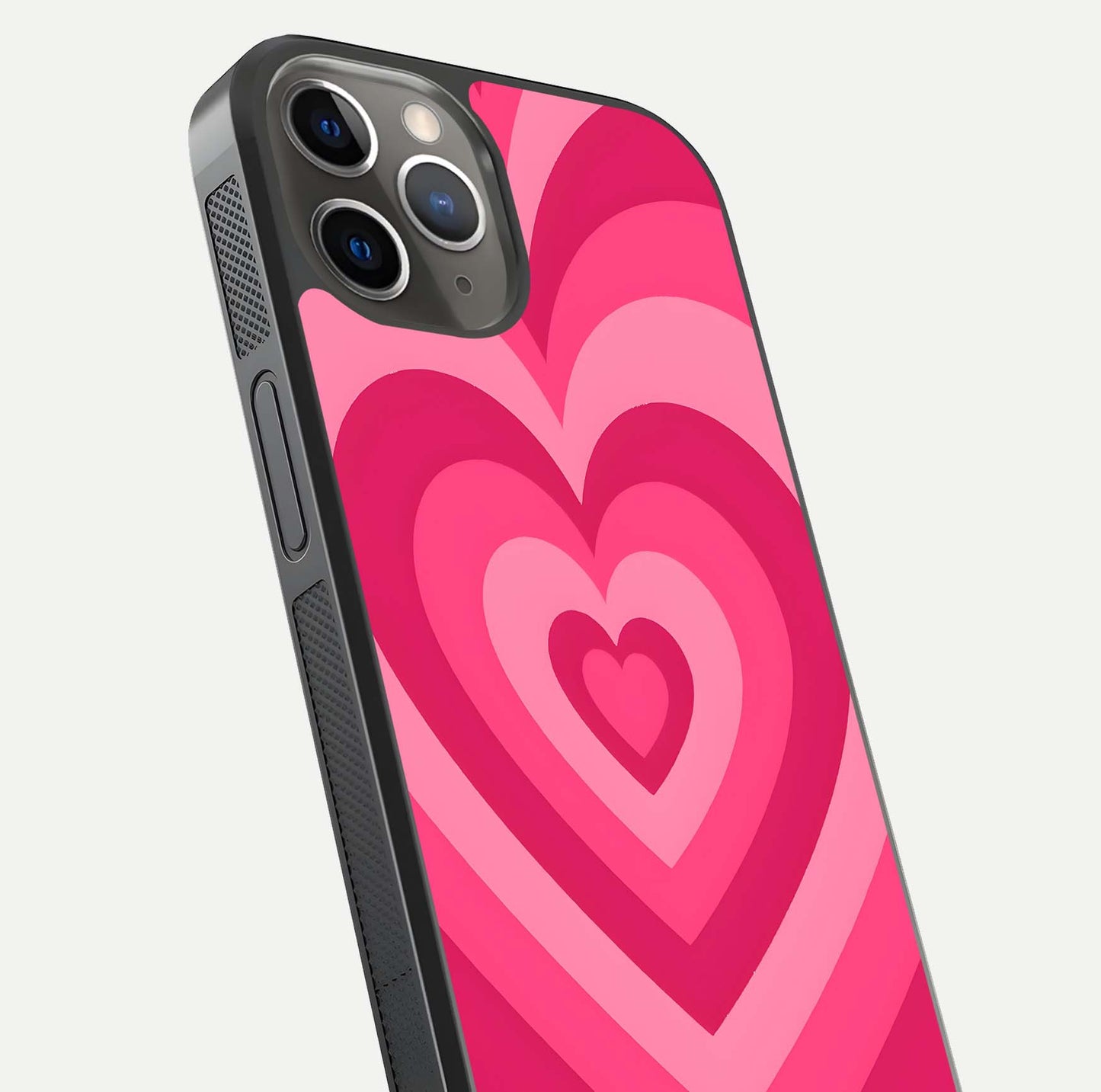 Layered Love Hearts iPhone 13 Pro glass phone case angled back view highlighting heart artwork and textured grip edges