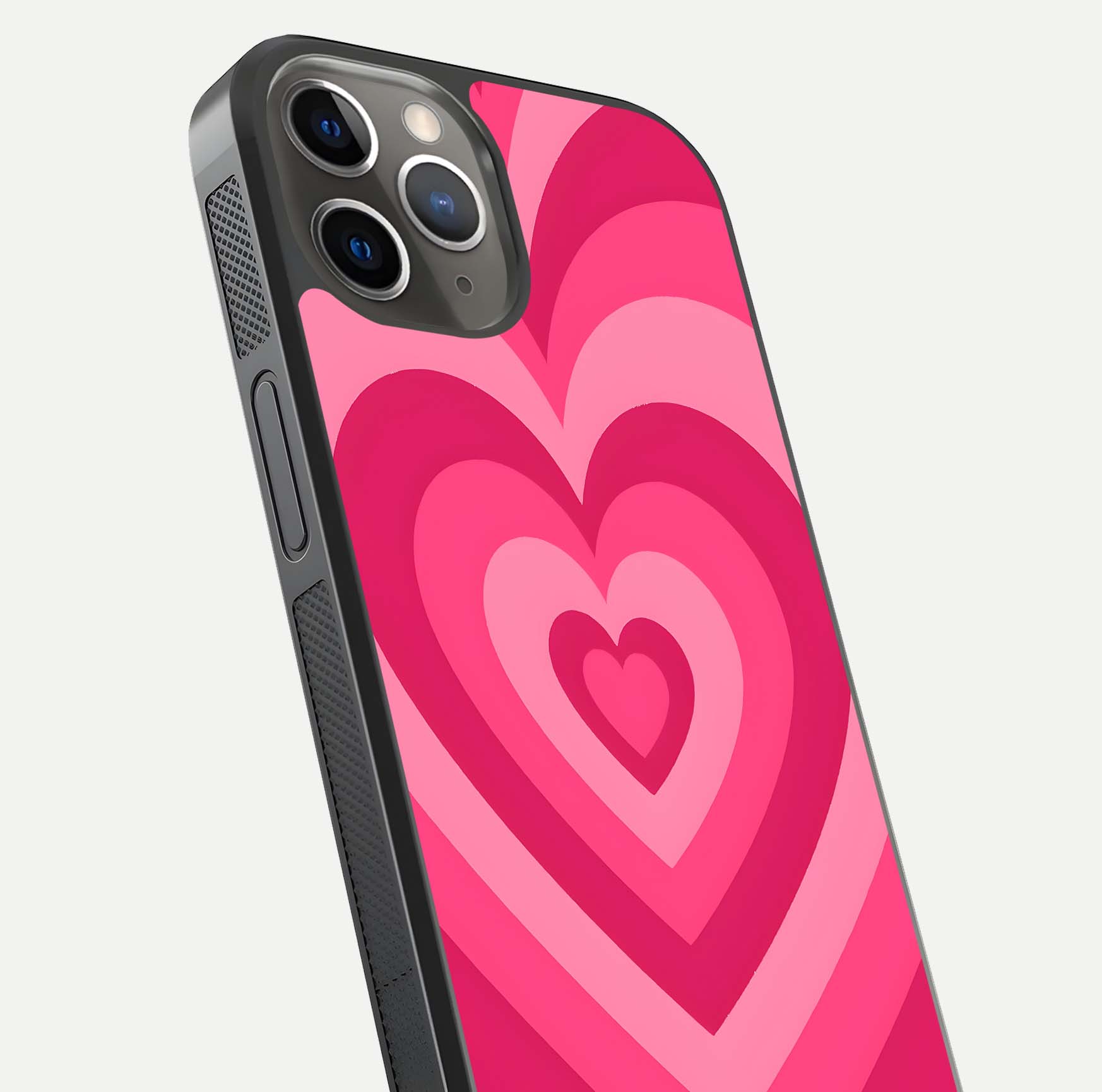 Layered Love Hearts iPhone 13 Pro glass phone case angled back view highlighting heart artwork and textured grip edges