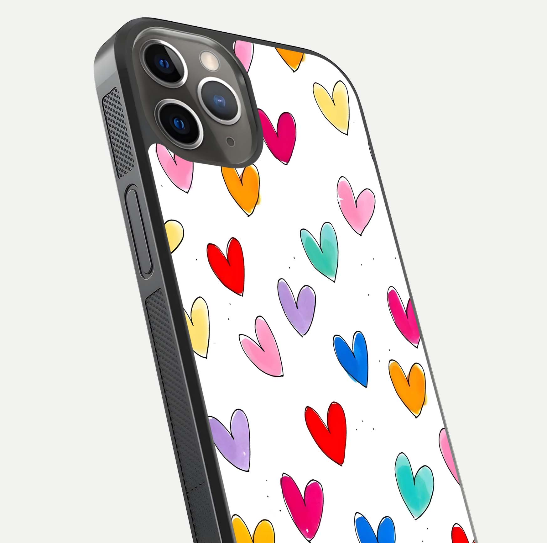 Playful Love Doodles iPhone 13 Pro glass phone case angled back view highlighting doodle artwork and textured grip edges