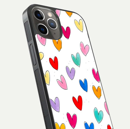 Playful Love Doodles iPhone 13 Pro glass phone case angled back view highlighting doodle artwork and textured grip edges