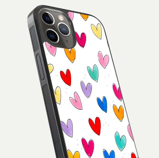 Playful Love Doodles iPhone 13 Pro glass phone case angled back view highlighting doodle artwork and textured grip edges