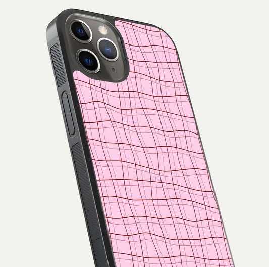 Soft Grid Bliss iPhone 13 Pro glass phone case angled back view highlighting grid artwork and side grip texture