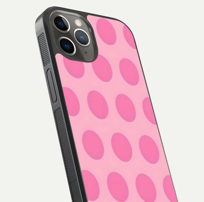 Sweet Dot Dreams iPhone 13 Pro glass phone case angled back view highlighting dotted artwork and side grip texture