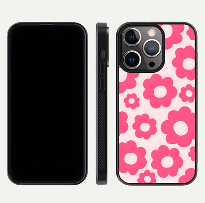 Blush Flower Pop iPhone 13 Pro glass phone case front and side layout view showing slim profile and full floral coverage