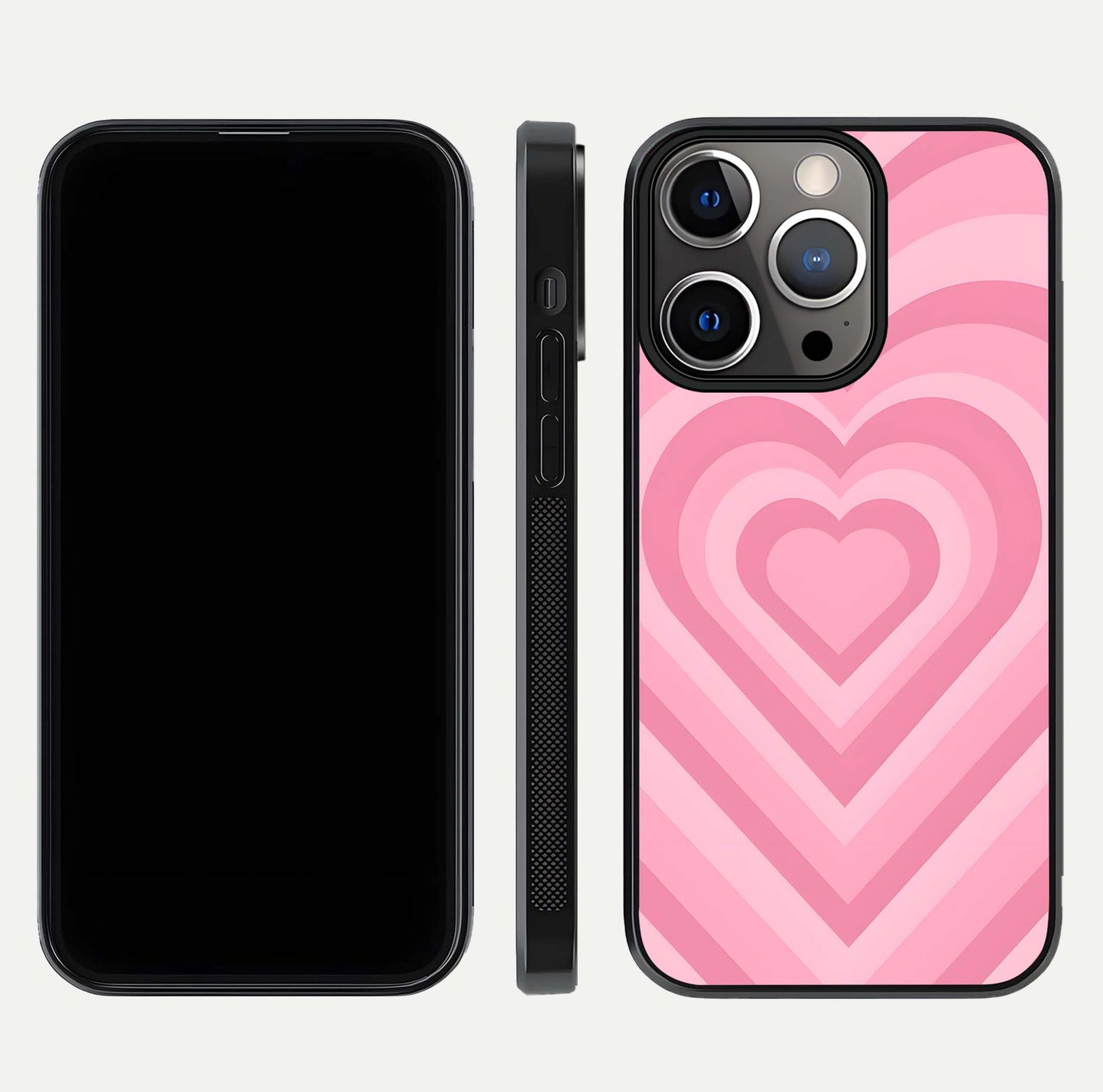 Blush Heart Waves iPhone 13 Pro glass phone case front and side layout view displaying slim frame and full heart pattern