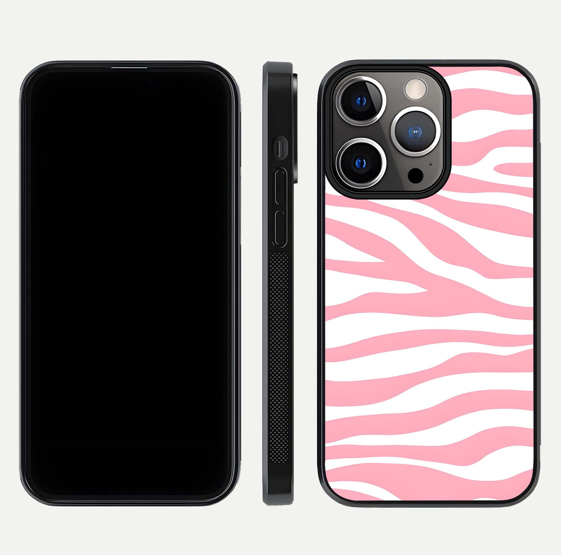 Blush Zebra Flow iPhone 13 Pro glass phone case front and side layout view showing slim build and flowing pattern coverage