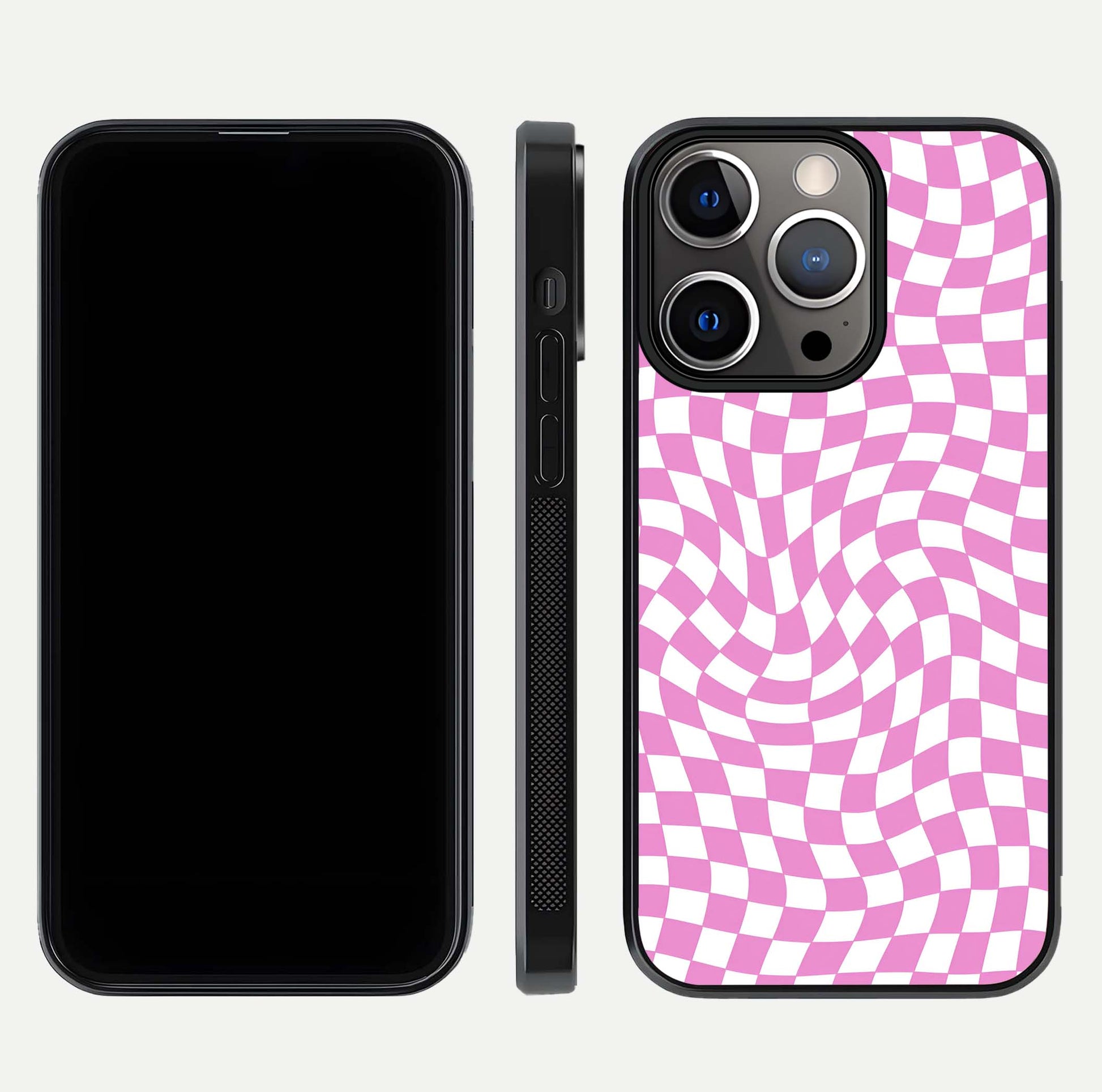 Bubblegum Check Wave iPhone 13 Pro glass phone case front and side layout view displaying slim profile and full pattern coverage