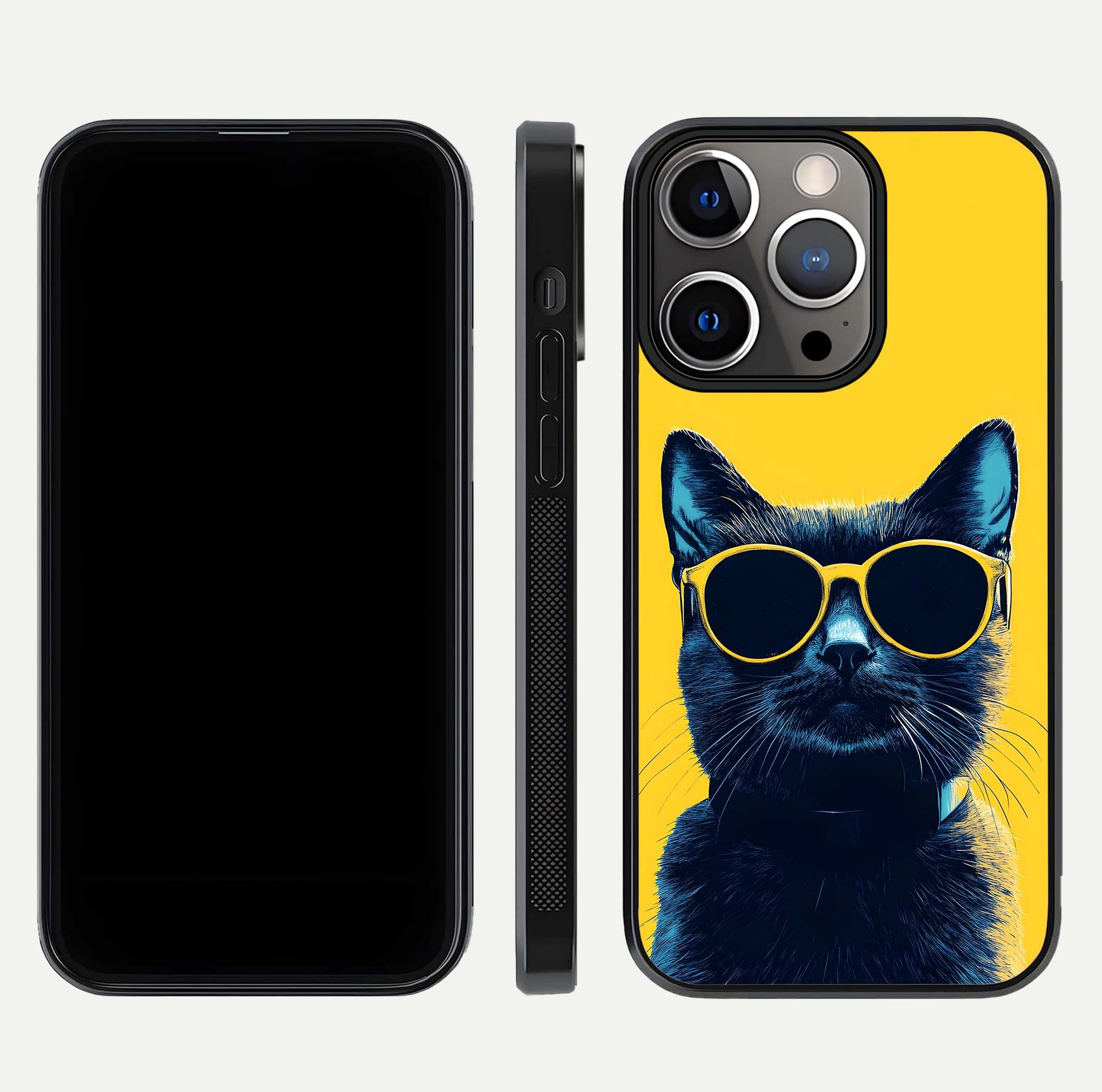 Cool Cat Vibes iPhone 13 Pro glass phone case front and side layout view showing slim frame and full design coverage