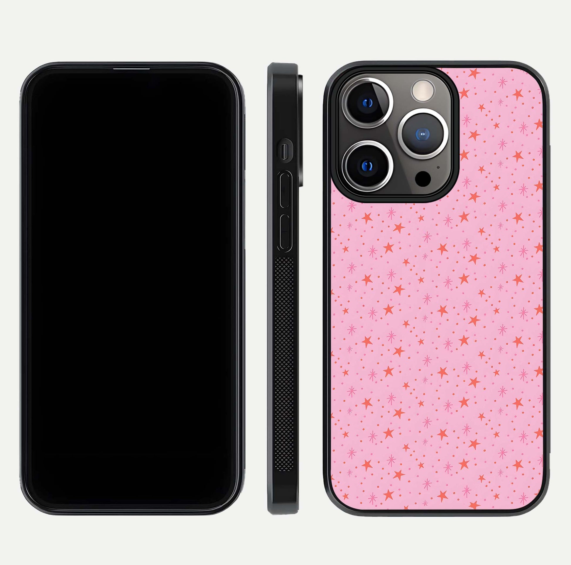 Cosmic Pink Sparkle iPhone 13 Pro glass phone case front and side layout view displaying slim profile and full cosmic coverage