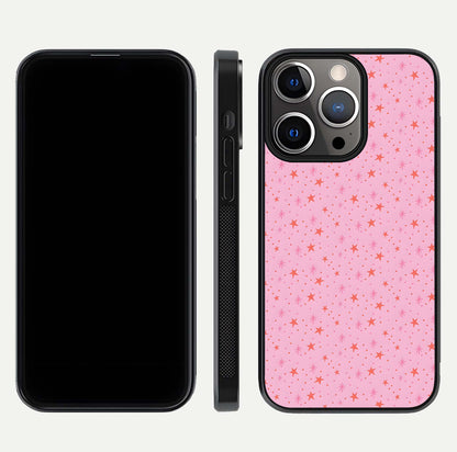 Cosmic Pink Sparkle iPhone 13 Pro glass phone case front and side layout view displaying slim profile and full cosmic coverage