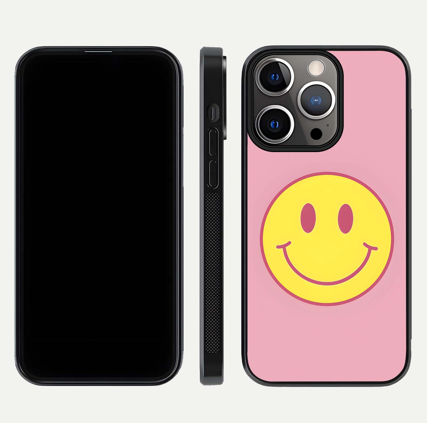 Happy Pink Mood iPhone 13 Pro glass phone case front and side layout view showing slim build and full pink coverage