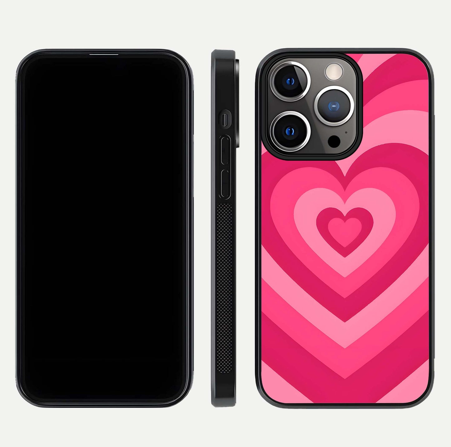 Layered Love Hearts iPhone 13 Pro glass phone case front and side layout view displaying slim profile and full heart design