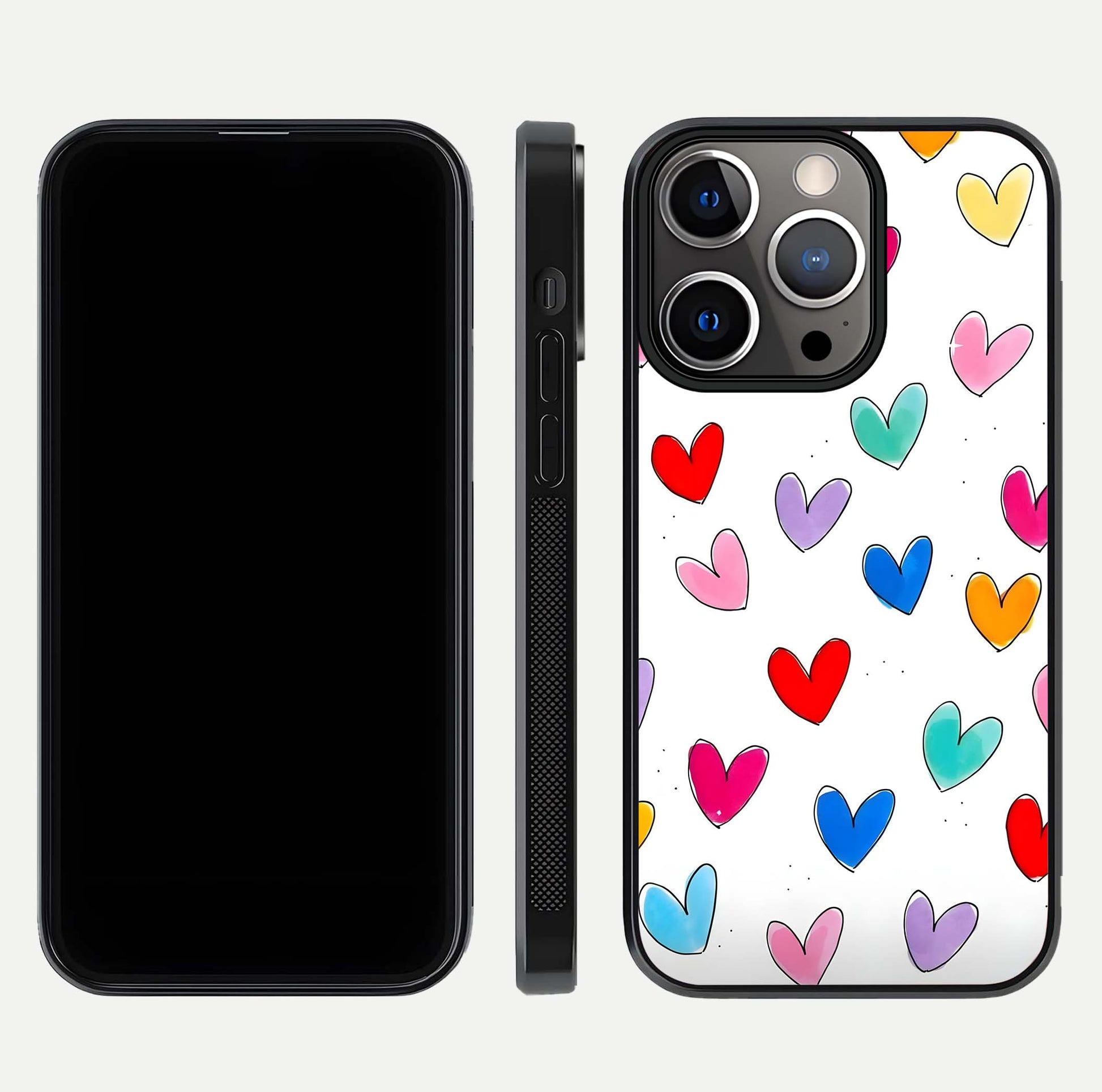 Playful Love Doodles iPhone 13 Pro glass phone case front and side layout view showing slim build and full doodle coverage