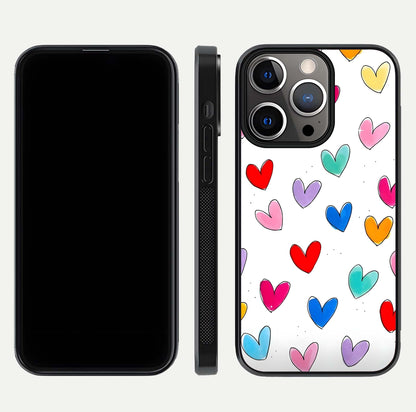 Playful Love Doodles iPhone 13 Pro glass phone case front and side layout view showing slim build and full doodle coverage