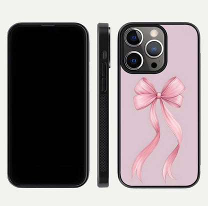 Soft Blush Bow iPhone 13 Pro glass phone case front and side layout view displaying slim profile and gentle aesthetic