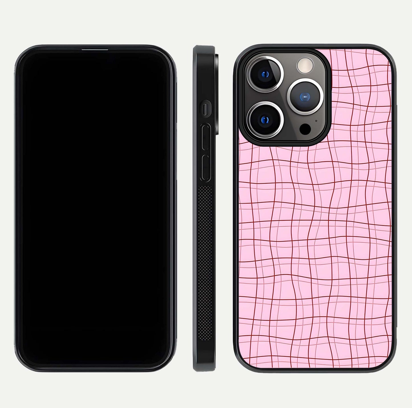 Soft Grid Bliss iPhone 13 Pro glass phone case front and side layout view displaying slim profile and clean design