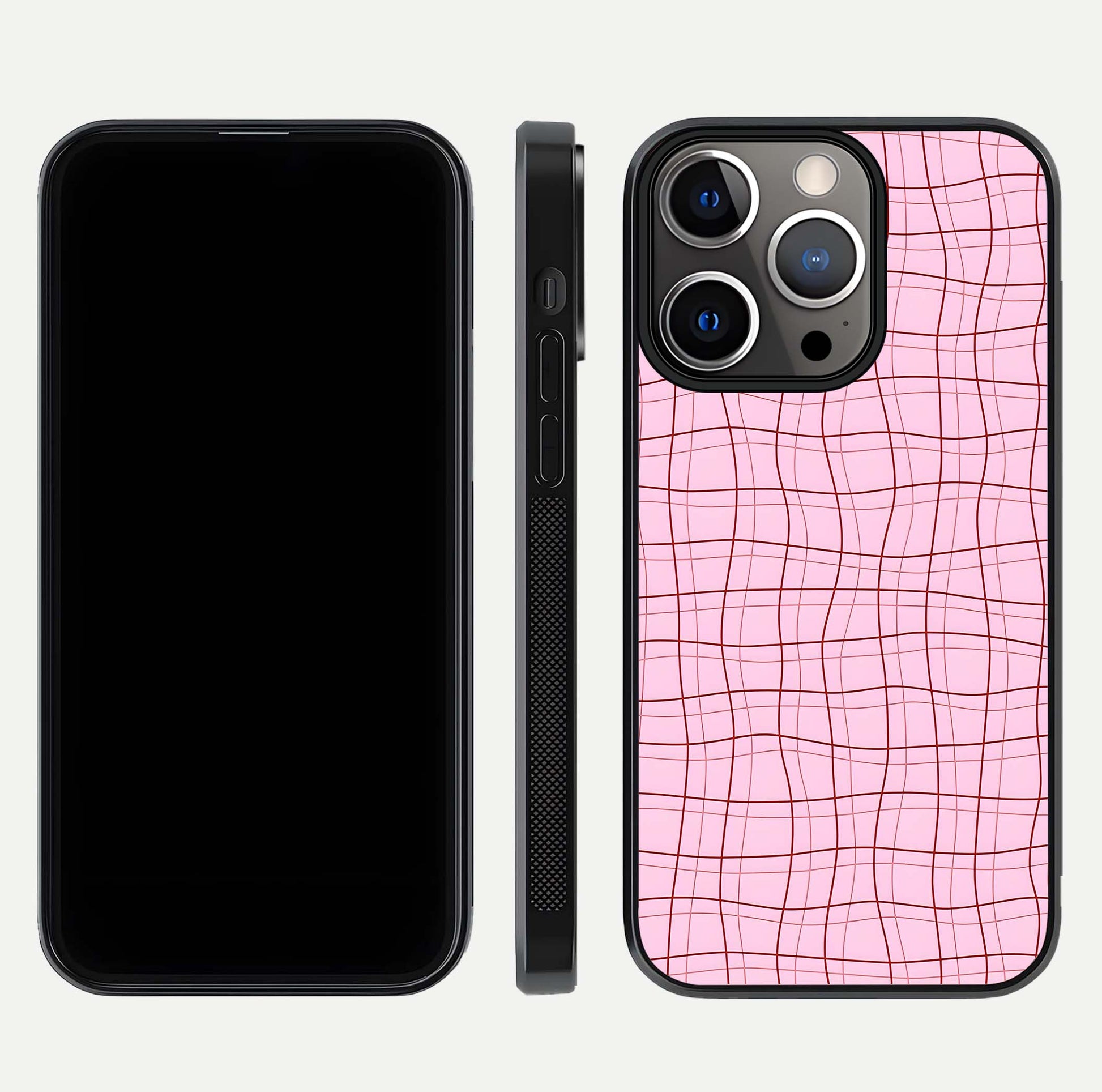 Soft Grid Bliss iPhone 13 Pro glass phone case front and side layout view displaying slim profile and clean design