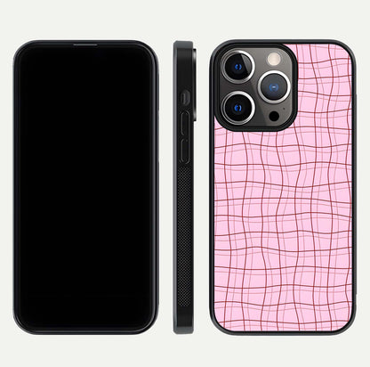 Soft Grid Bliss iPhone 13 Pro glass phone case front and side layout view displaying slim profile and clean design