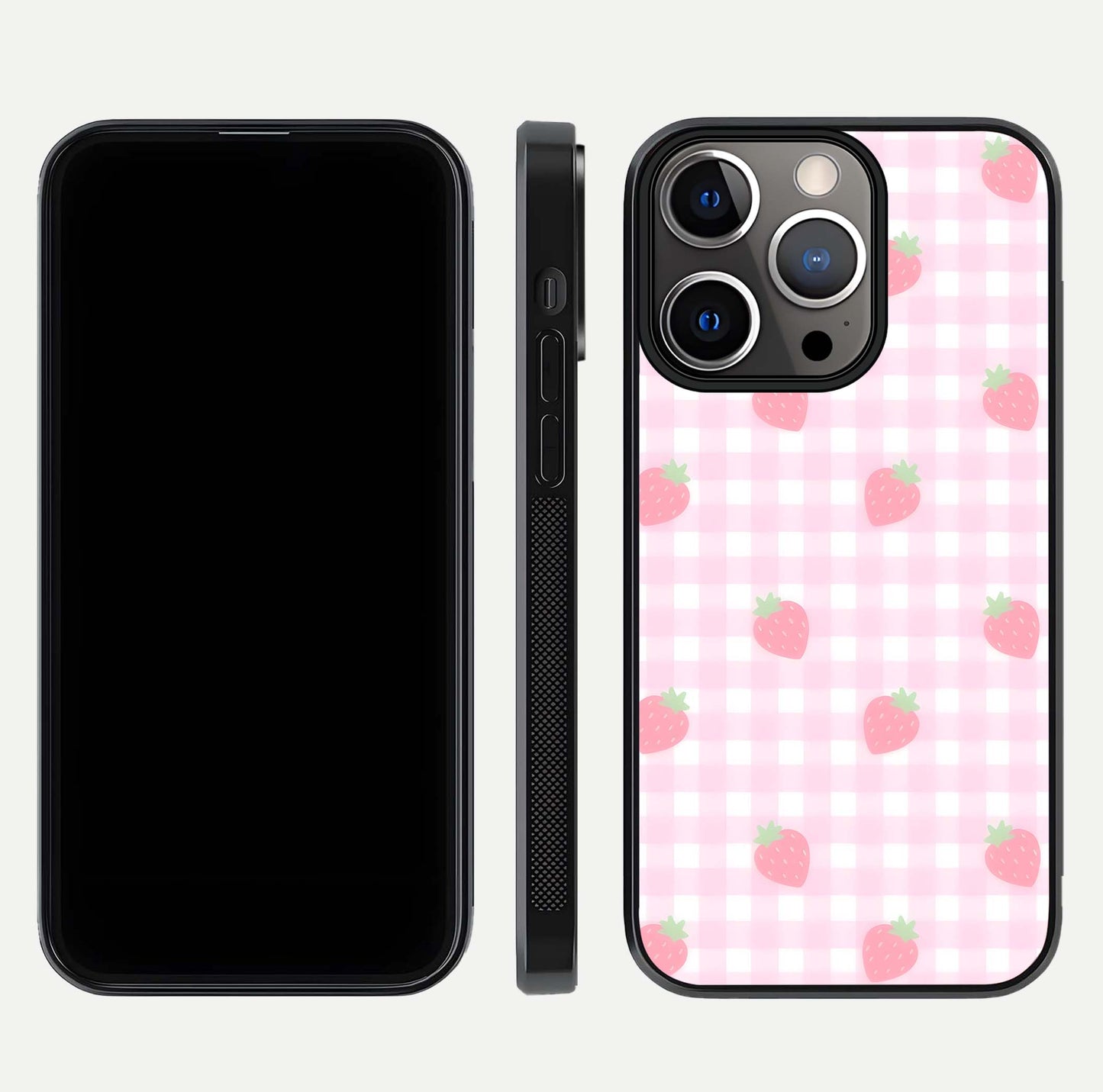 Strawberry Picnic Love iPhone 13 Pro glass phone case front and side layout view showing slim profile and full picnic design