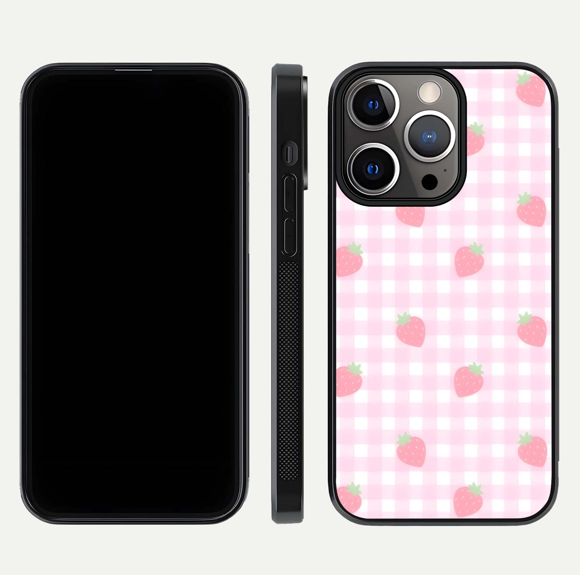 Strawberry Picnic Love iPhone 13 Pro glass phone case front and side layout view showing slim profile and full picnic design
