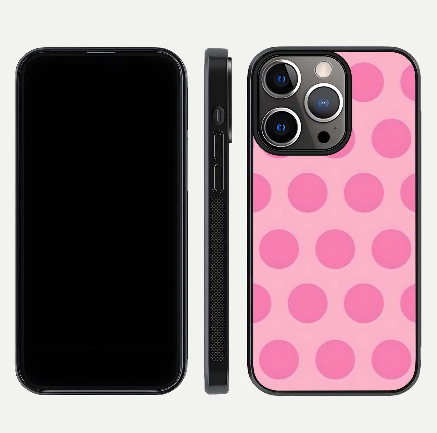 Sweet Dot Dreams iPhone 13 Pro glass phone case front and side layout view displaying slim build and full dot design