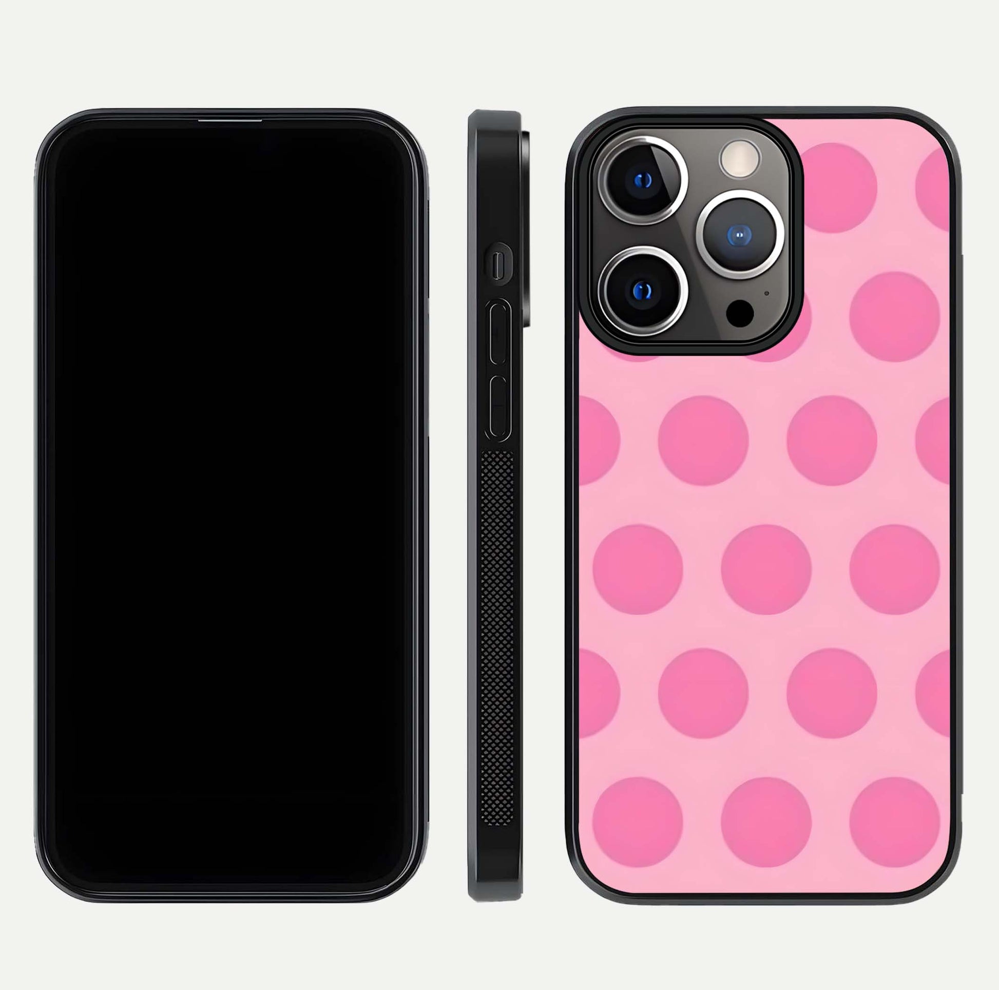 Sweet Dot Dreams iPhone 13 Pro glass phone case front and side layout view displaying slim build and full dot design