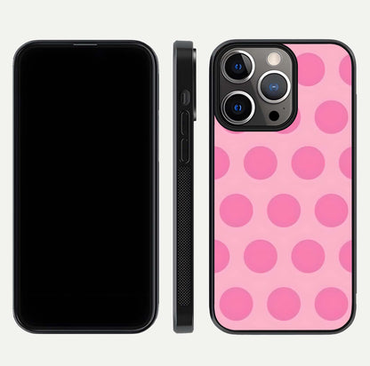 Sweet Dot Dreams iPhone 13 Pro glass phone case front and side layout view displaying slim build and full dot design
