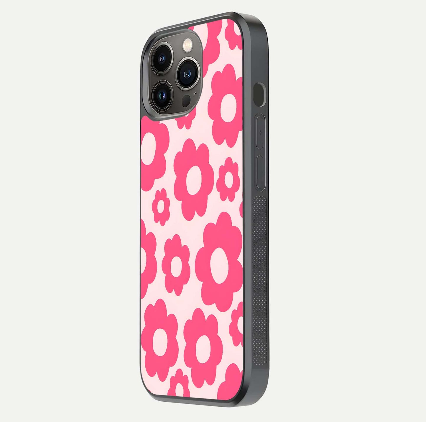 Blush Flower Pop iPhone 13 Pro glass phone case side profile view focusing on clean edges and seamless floral wrap