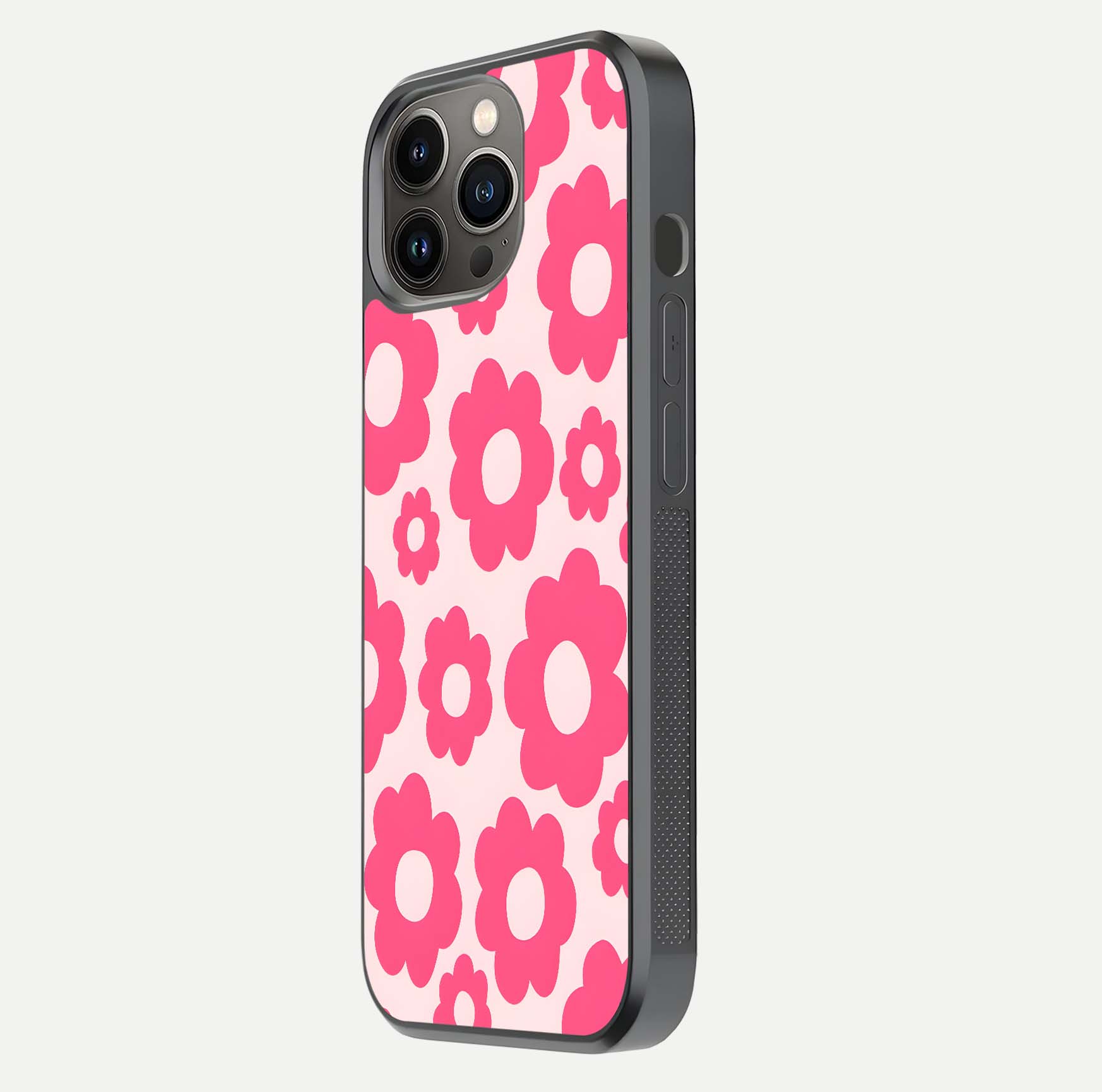 Blush Flower Pop iPhone 13 Pro glass phone case side profile view focusing on clean edges and seamless floral wrap