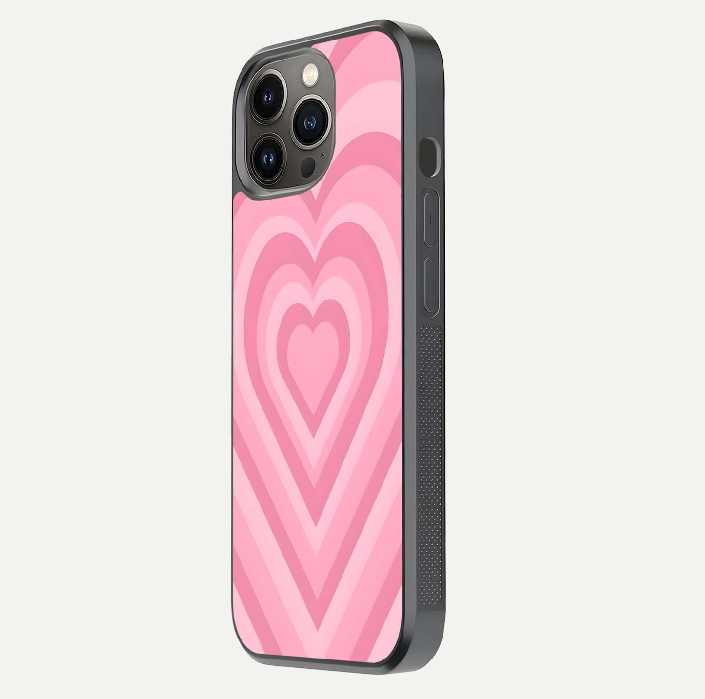 Blush Heart Waves iPhone 13 Pro glass phone case side profile view focusing on smooth edges and elegant wrap