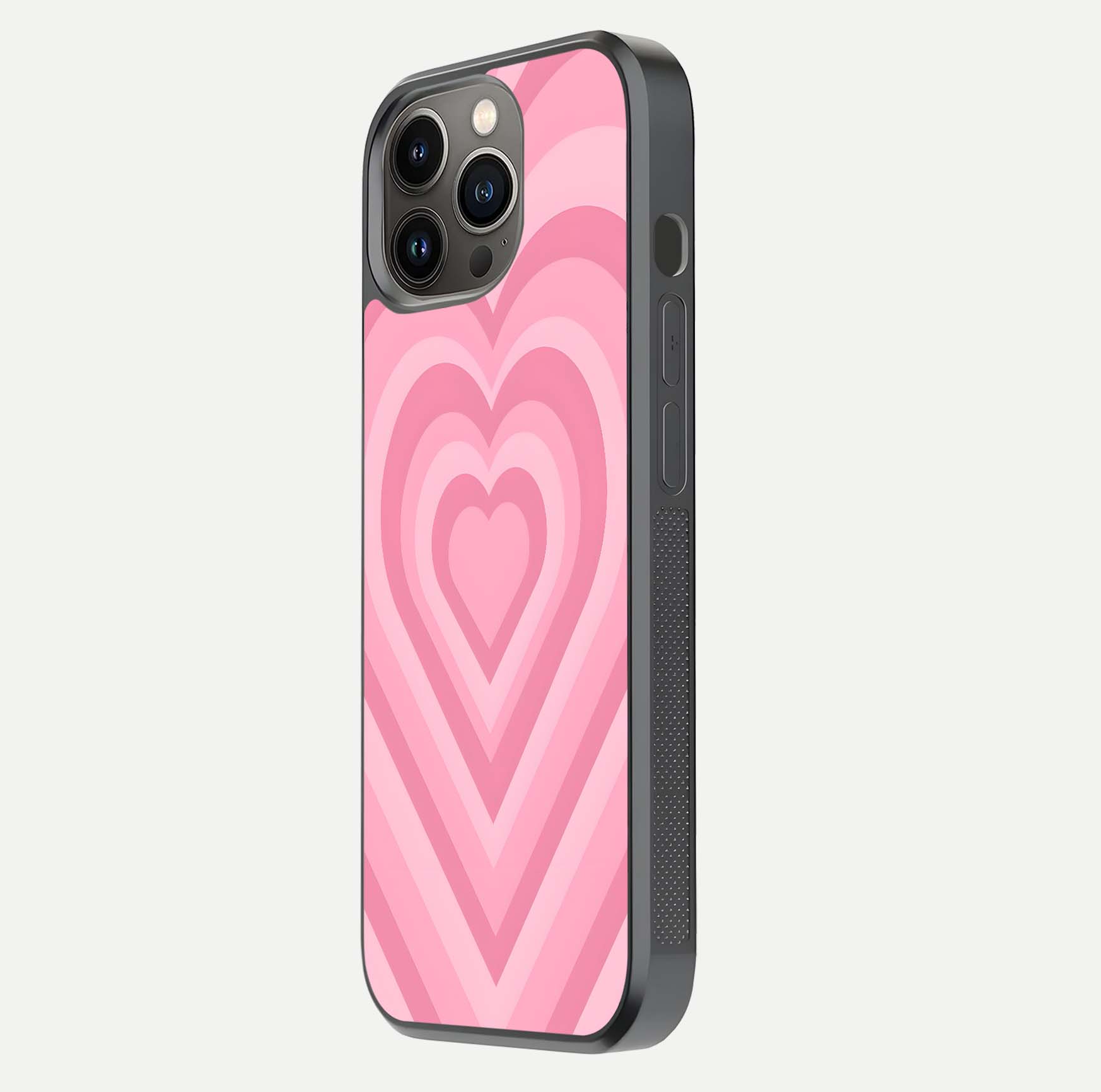 Blush Heart Waves iPhone 13 Pro glass phone case side profile view focusing on smooth edges and elegant wrap