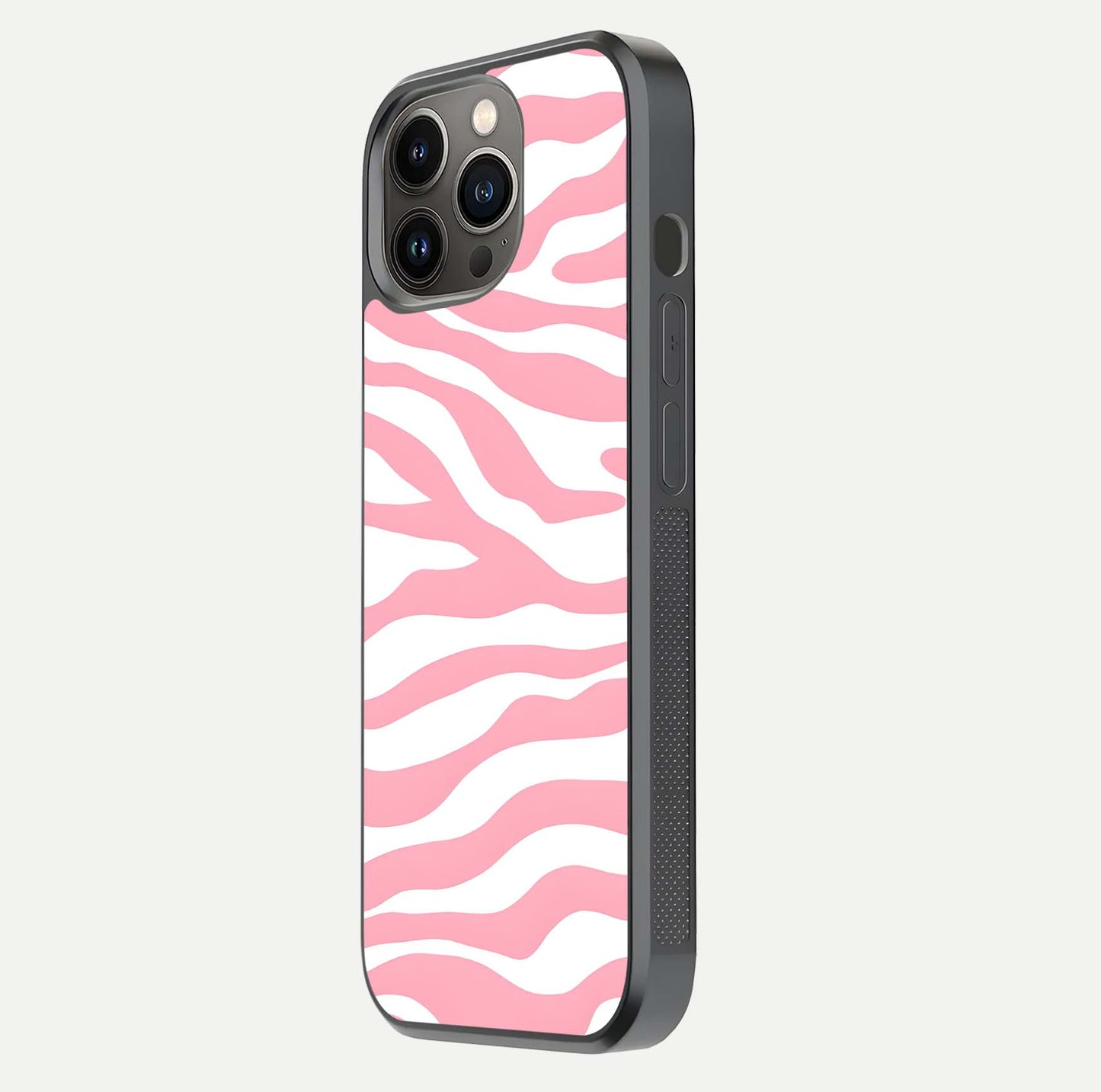 Blush Zebra Flow iPhone 13 Pro glass phone case side profile view focusing on sleek frame and seamless wrap