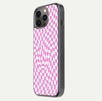 Bubblegum Check Wave iPhone 13 Pro glass phone case side profile view focusing on smooth edges and seamless wrap