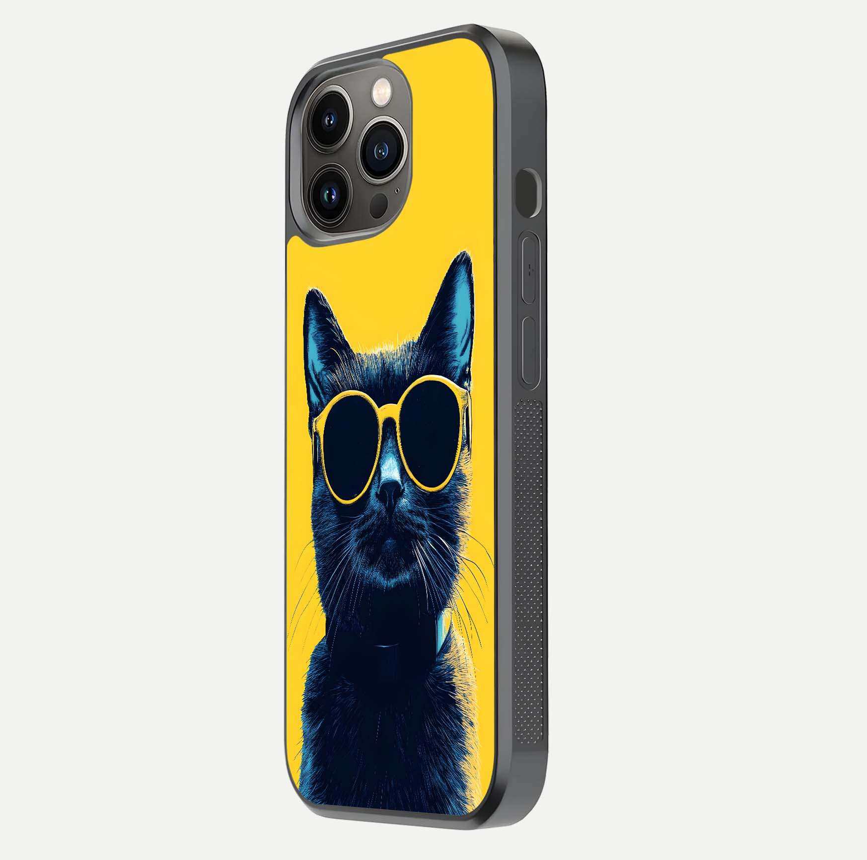 Cool Cat Vibes iPhone 13 Pro glass phone case side profile view focusing on sleek edges and seamless wrap