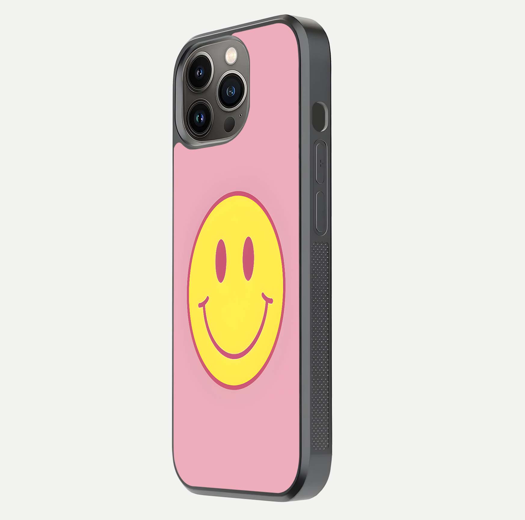 Happy Pink Mood iPhone 13 Pro glass phone case side profile view focusing on smooth frame and clean wrap
