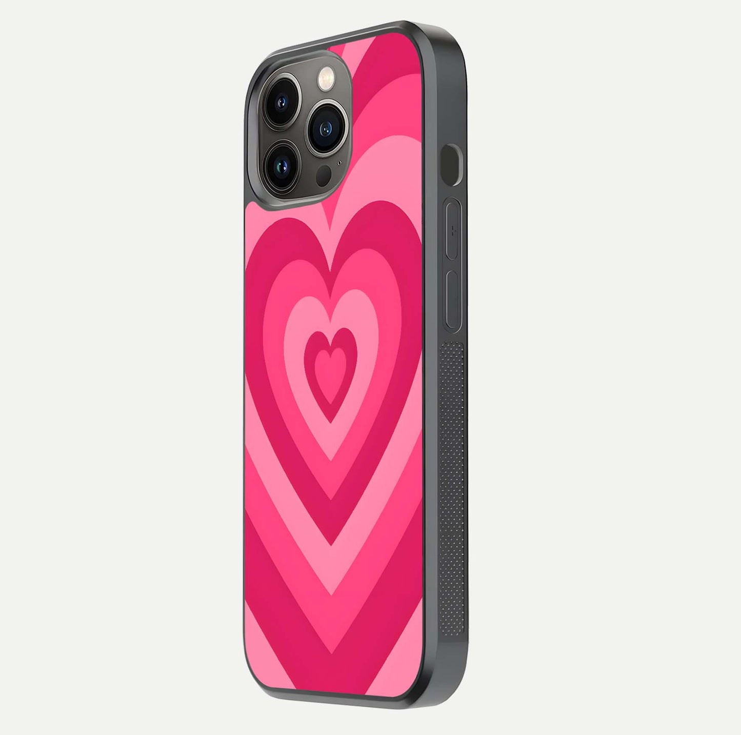 Layered Love Hearts iPhone 13 Pro glass phone case side profile view focusing on sleek edges and seamless wrap