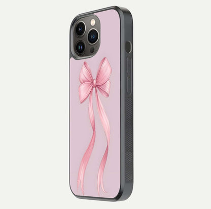 Soft Blush Bow iPhone 13 Pro glass phone case side profile view focusing on sleek edges and seamless wrap