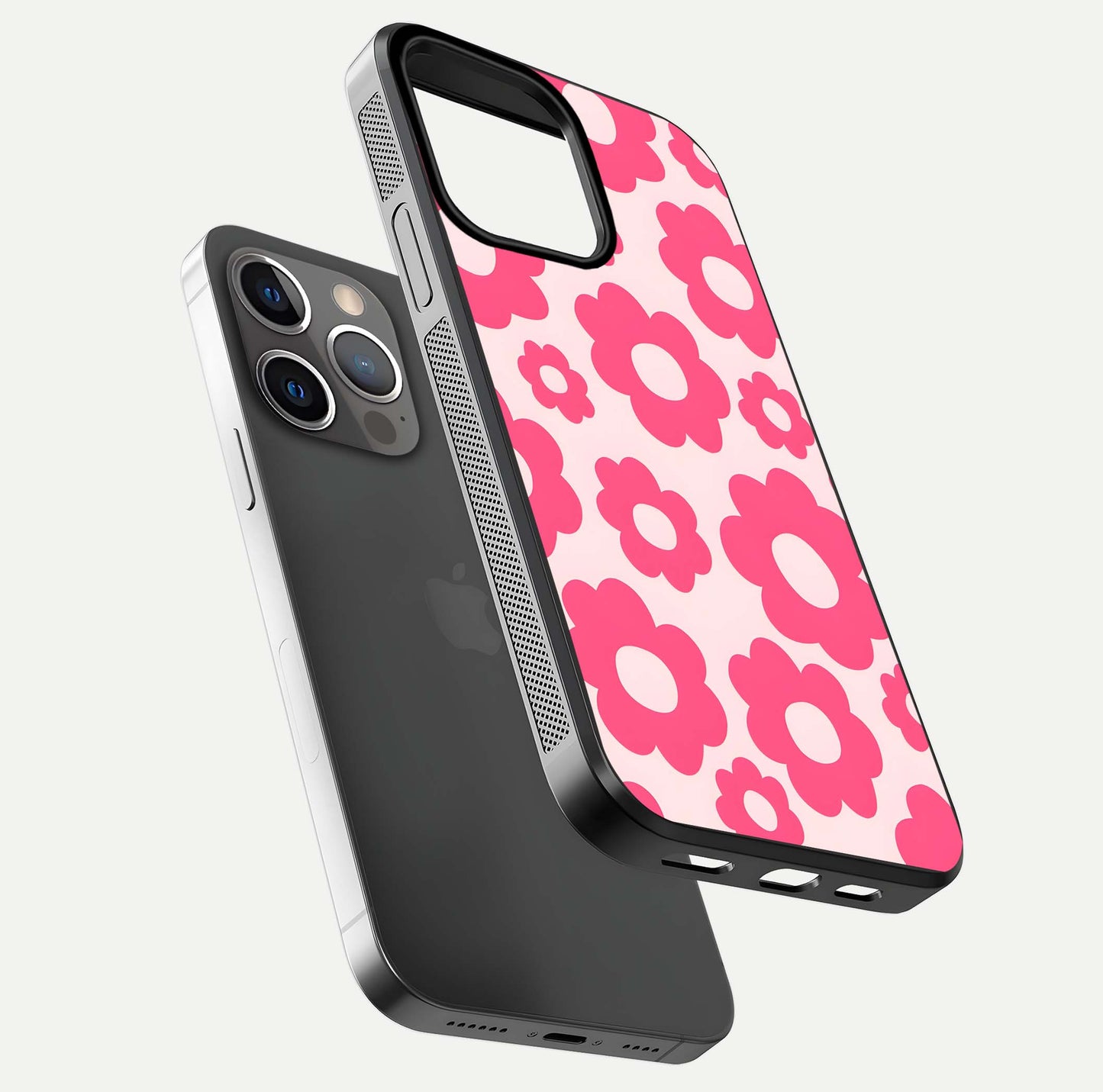 Blush Flower Pop iPhone 13 Pro glass phone case floating view emphasizing premium build and vibrant flower artwork