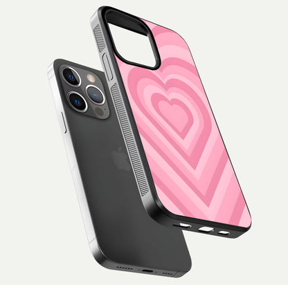 Blush Heart Waves iPhone 13 Pro glass phone case floating view emphasizing glossy finish and layered heart design