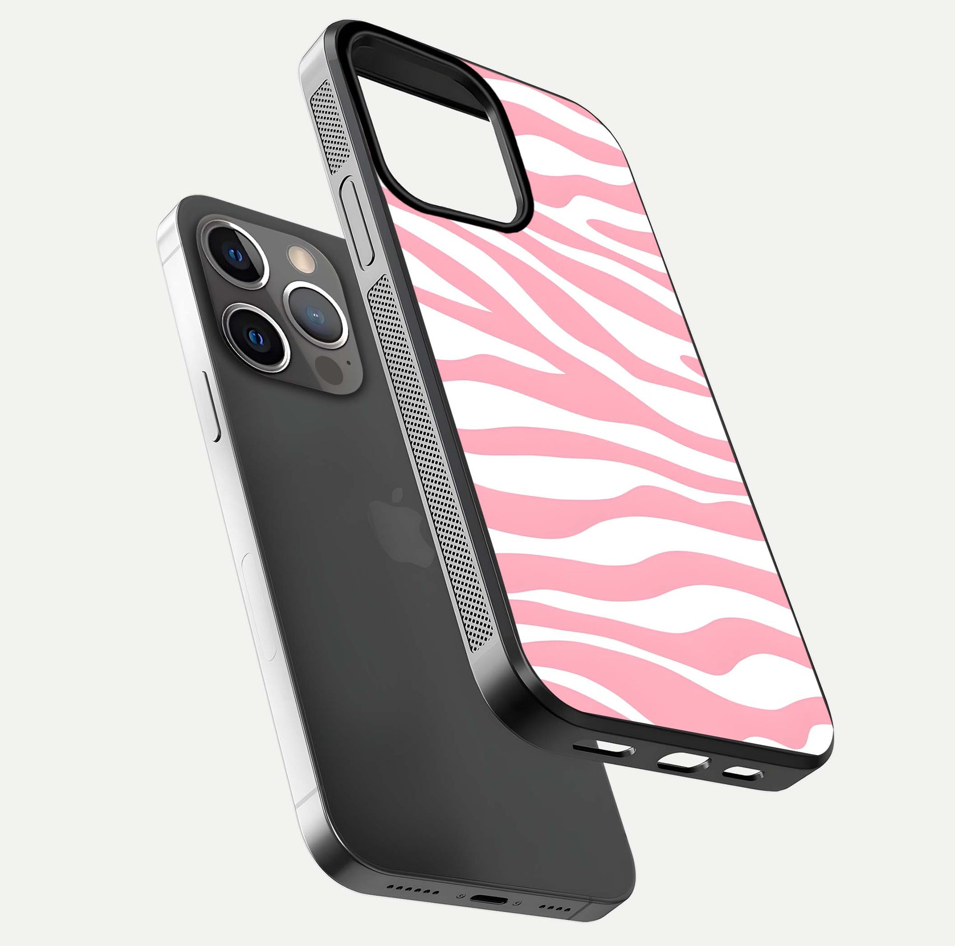 Blush Zebra Flow iPhone 13 Pro glass phone case floating view emphasizing premium glossy surface and dynamic design