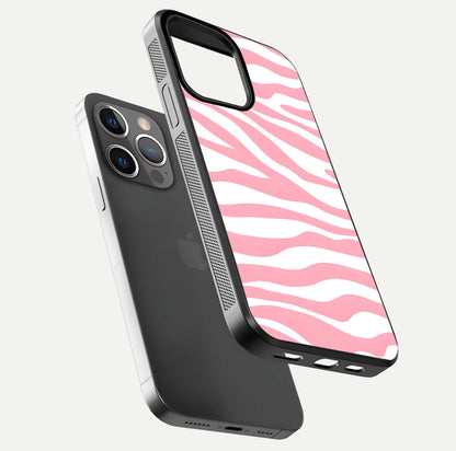 Blush Zebra Flow iPhone 13 Pro glass phone case floating view emphasizing premium glossy surface and dynamic design