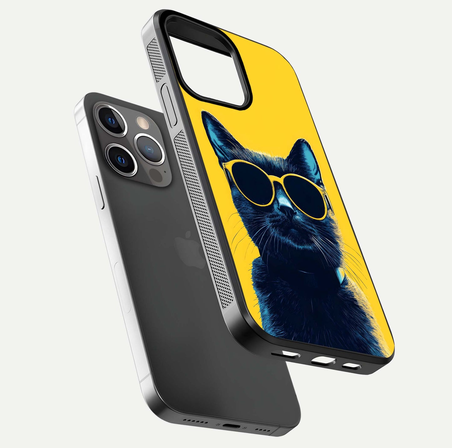 Cool Cat Vibes iPhone 13 Pro glass phone case floating view emphasizing glossy finish and fun cat vibe