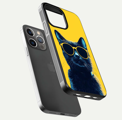 Cool Cat Vibes iPhone 13 Pro glass phone case floating view emphasizing glossy finish and fun cat vibe