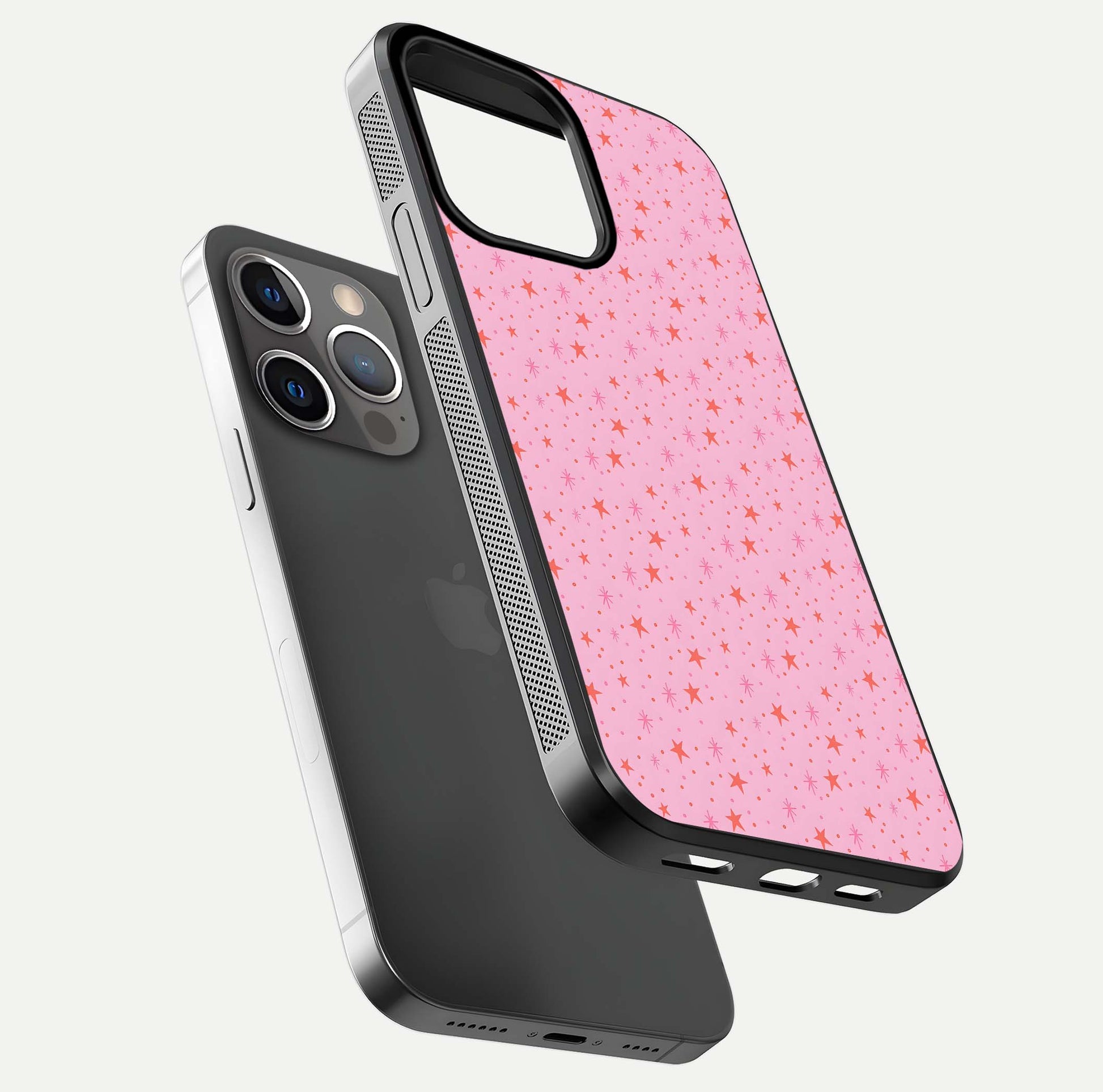 Cosmic Pink Sparkle iPhone 13 Pro glass phone case floating view emphasizing premium glass surface and glittering details