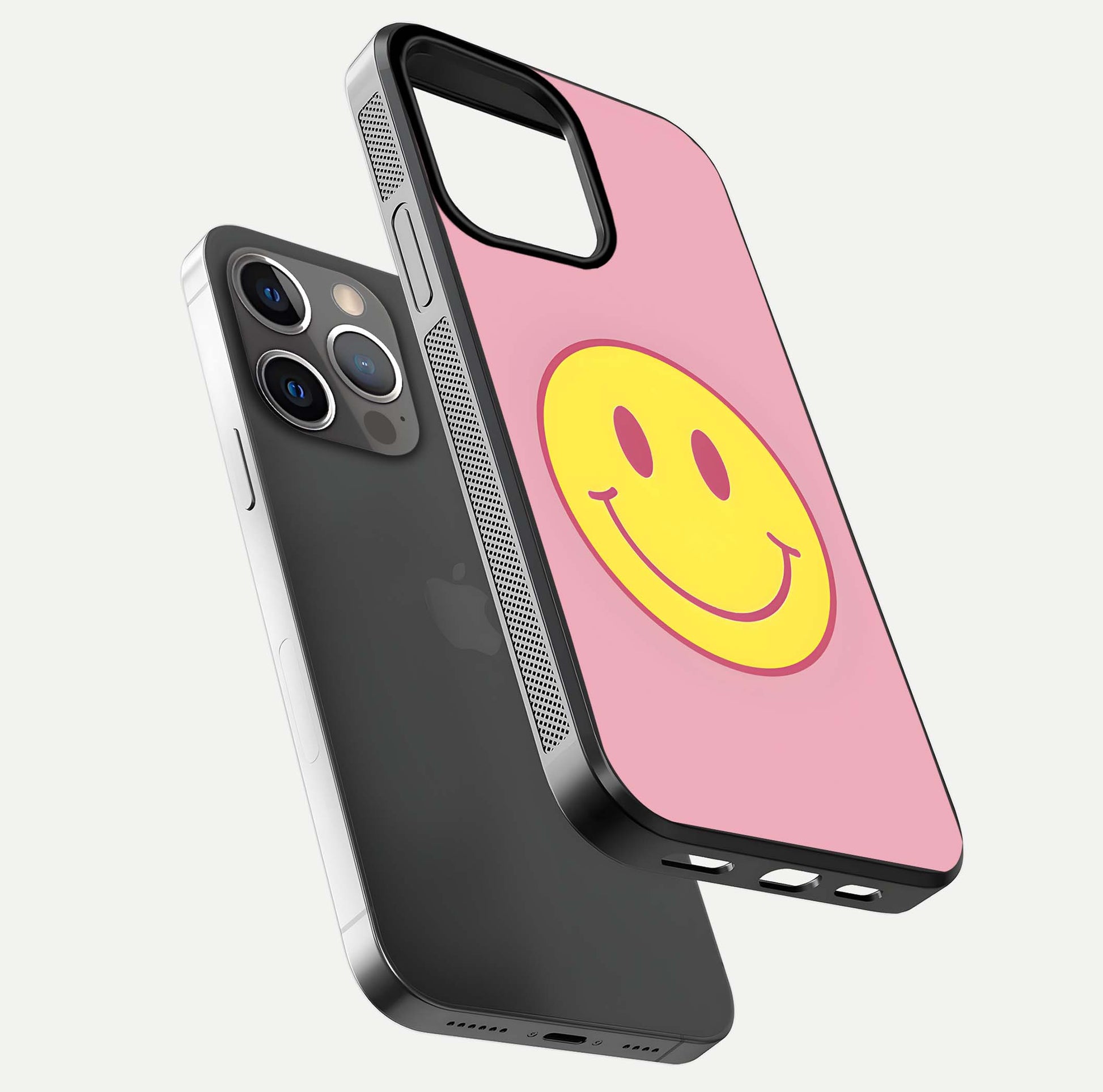 Happy Pink Mood iPhone 13 Pro glass phone case floating view emphasizing glossy finish and joyful color palette
