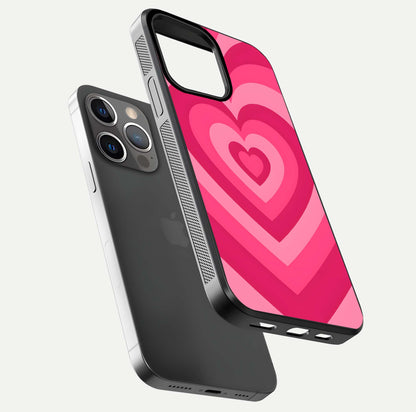Layered Love Hearts iPhone 13 Pro glass phone case floating view emphasizing glossy surface and layered heart details