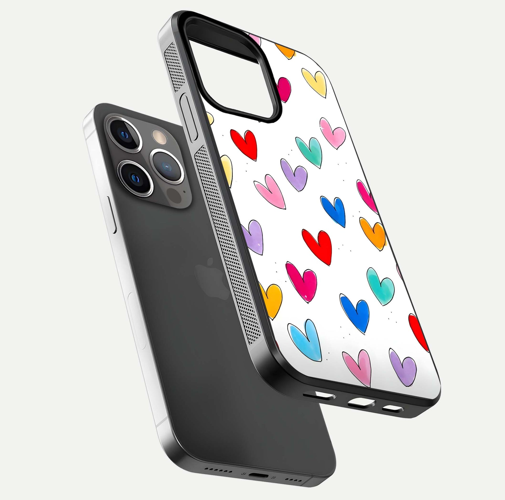 Playful Love Doodles iPhone 13 Pro glass phone case floating view emphasizing glossy finish and playful design
